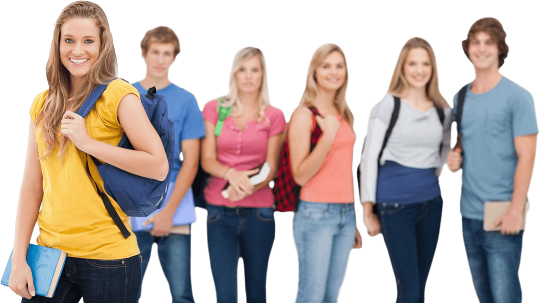 Smiling Student Carrying Backpack with Friends on Transparent Background