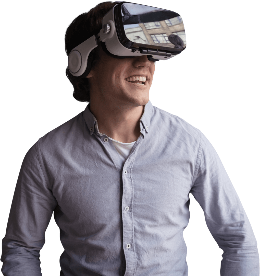 Smiling Man Wearing Virtual Reality VR Headset Transparent Background