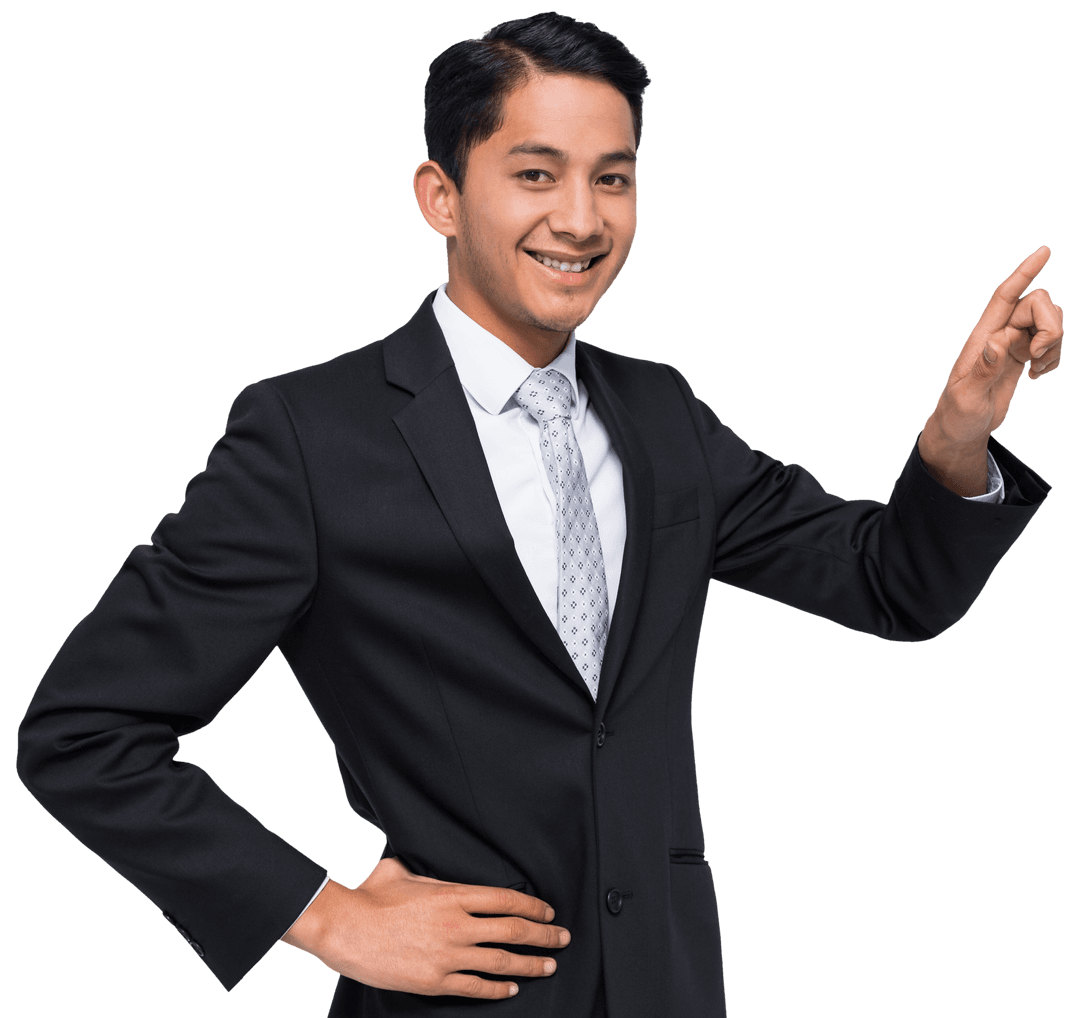 Confident Biracial Businessman Pointing on Transparent Background