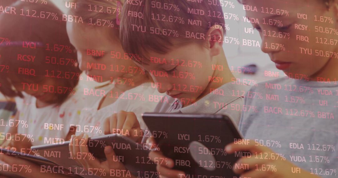 Children Engaging with Tablets and Financial Data Overlays