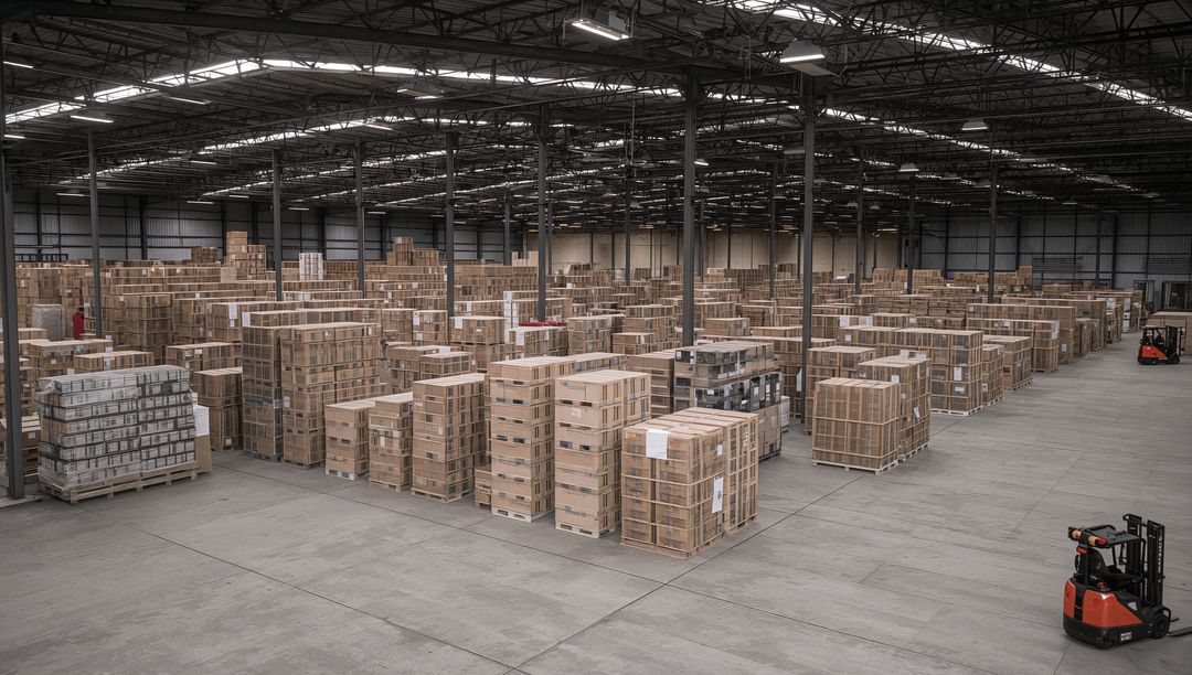 High-capacity warehouse stacking palletized boxes in organized rows with forklifts