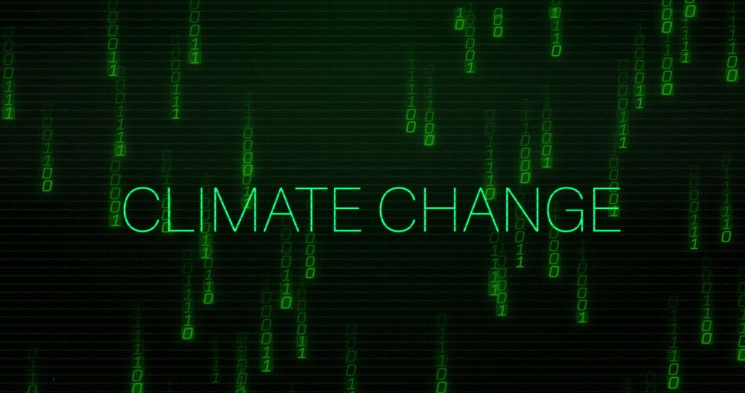CLIMATE CHANGE binary code with glowing neon light