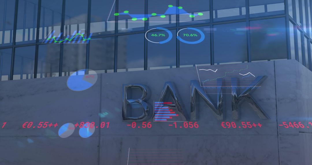 Modern Bank Building with Financial Data Projections