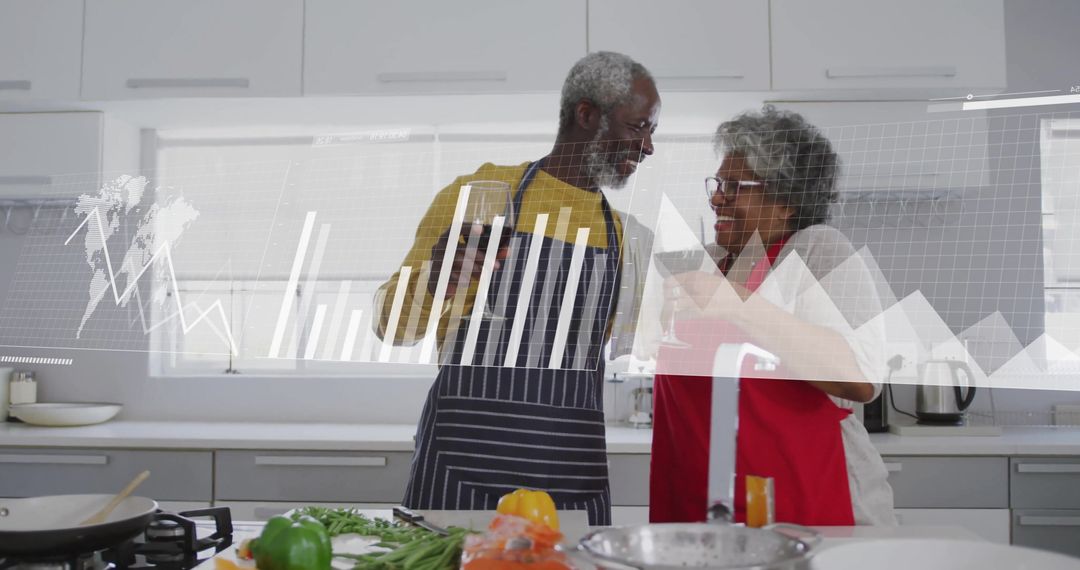 Senior Couple Embracing Technology with Virtual Data Interface in Kitchen