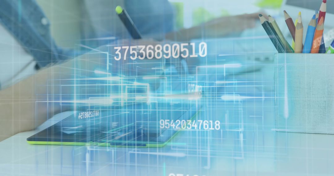 Designer Working on Digital Project with Floating Numbers