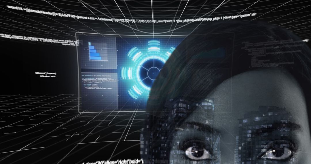 Woman with Digital Interface Overlay Reflects Data Processing