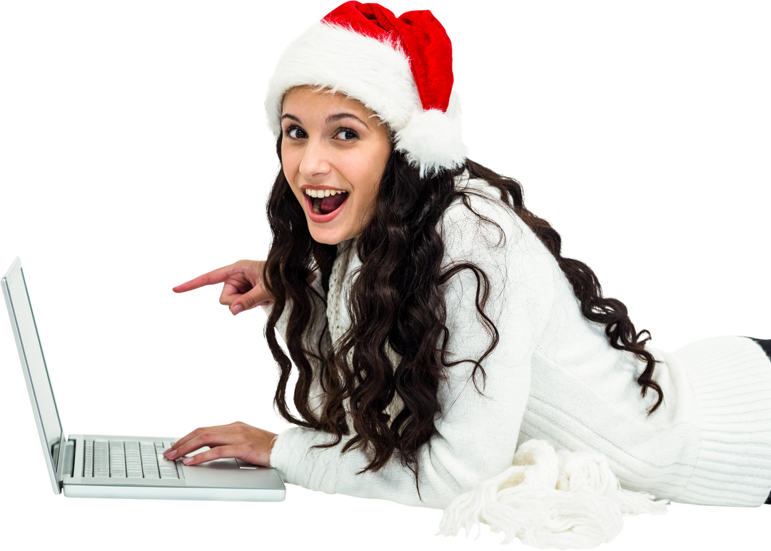 Happy Woman Wearing Santa Hat Using Laptop on Floor, Transparent Background - Download Free Stock Images Pikwizard.com