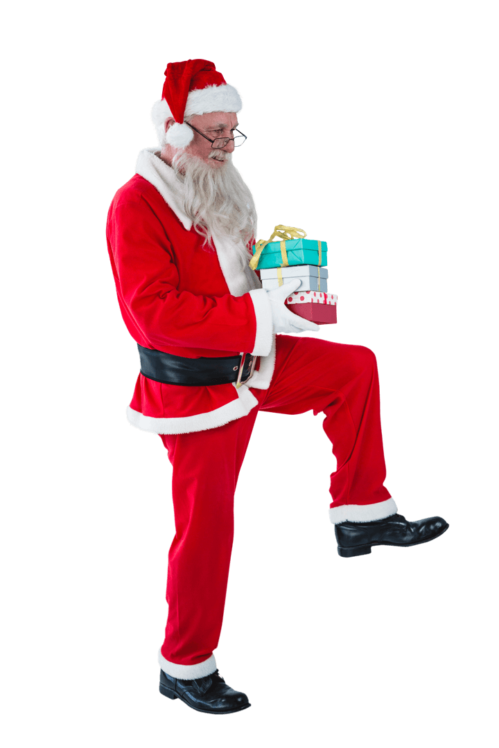 Transparent Santa Claus Holding Christmas Gift Boxes Playfully