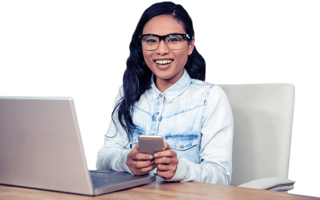Transparent Office Setup with Asian Woman Using Smartphone