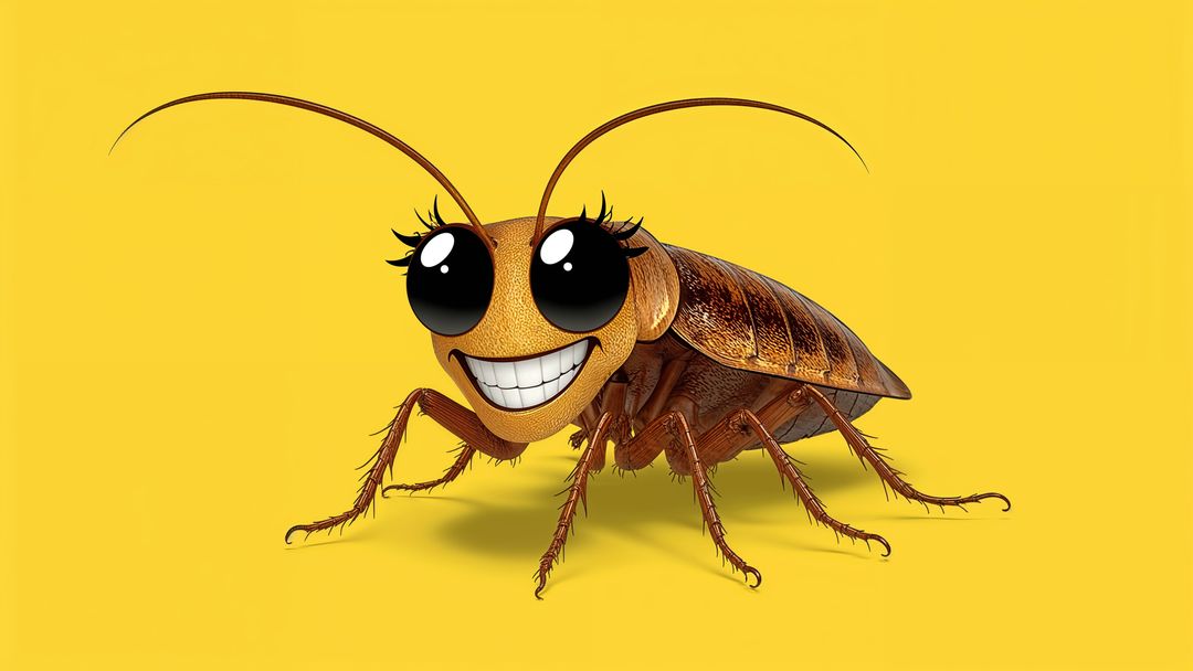 Whimsical cartoon cockroach on bright yellow background