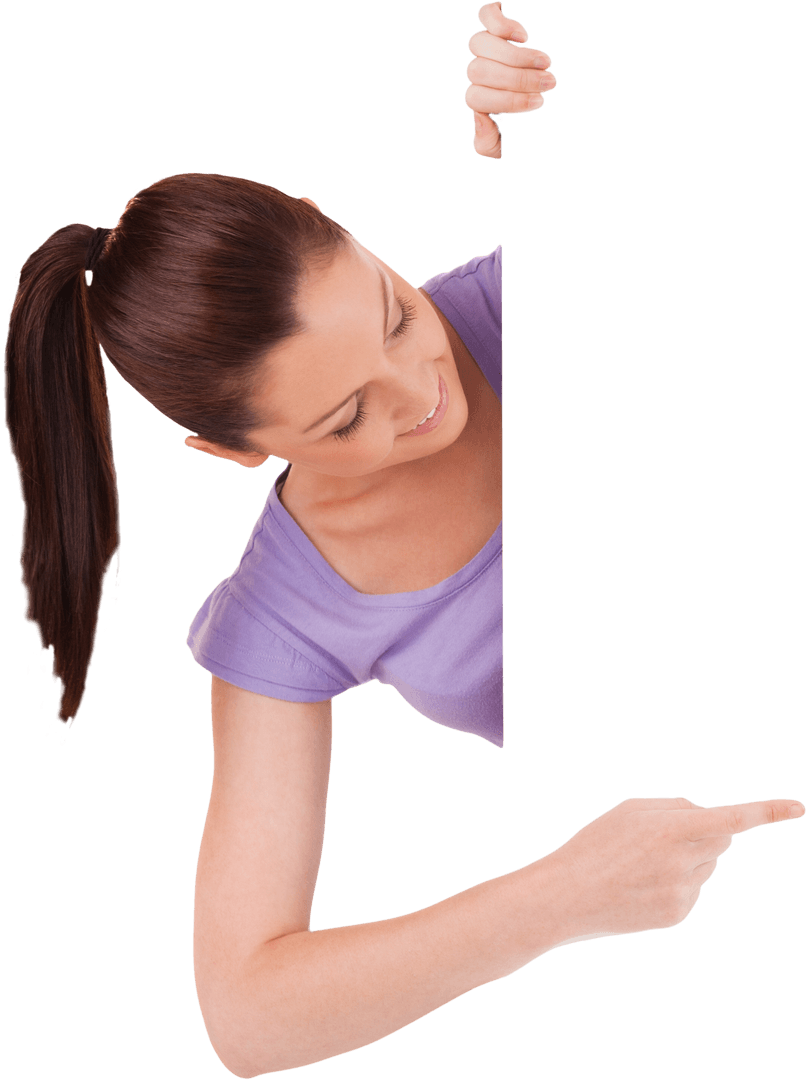 Pretty Brunette Pointing at Blank Transparent Space