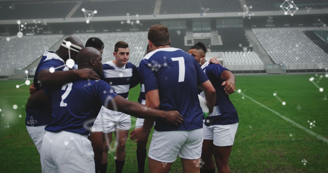 Rugby Team Huddle Overlaid with Chemical Structures in Stadium