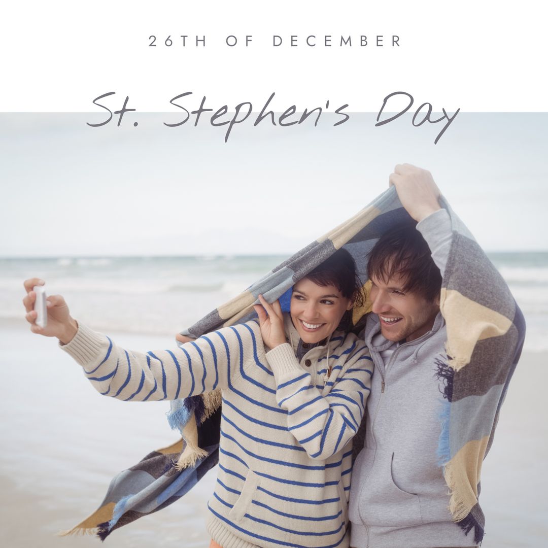 Happy Couple Taking Selfie Under Scarf on St. Stephen's Day at Beach