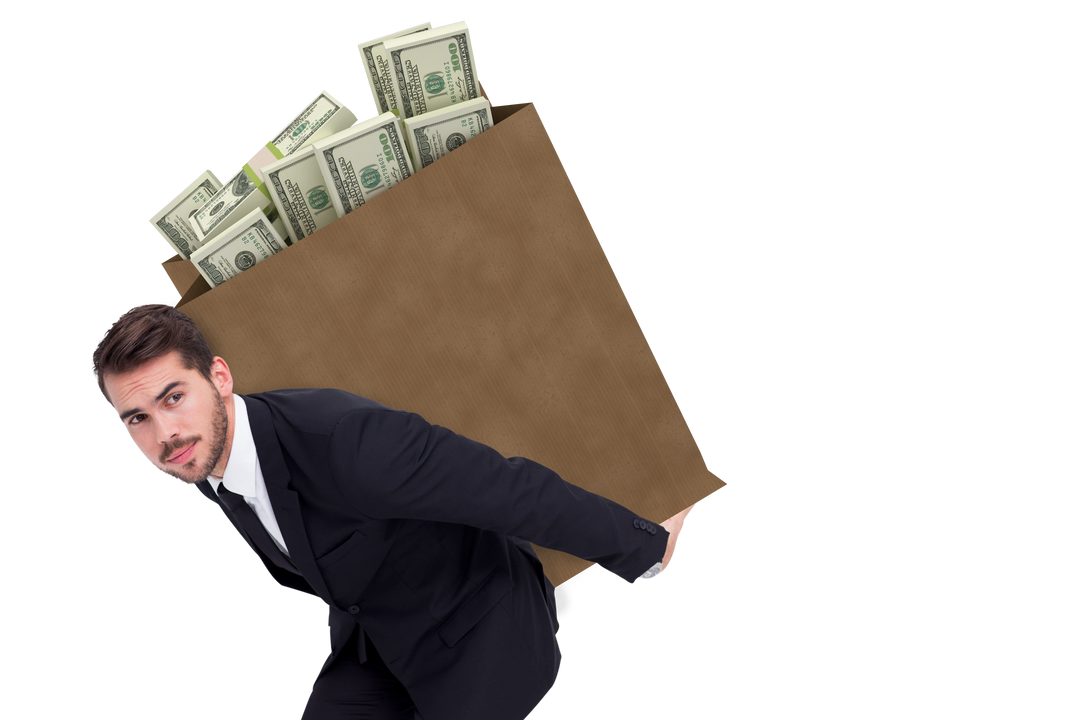 Transparent Businessman Carrying Heavy Bag of Dollars Symbolizing Wealth and Burden - Download Free Stock Images Pikwizard.com