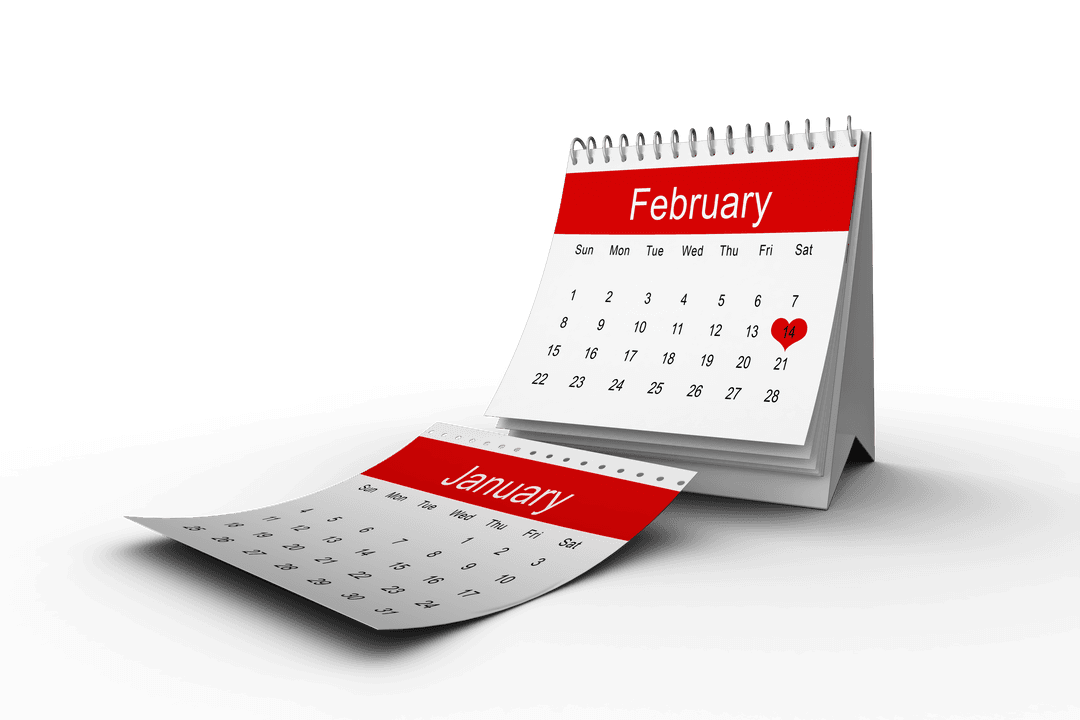 Transparent Calendar Illustration with January February Pages Highlighting Valentine's Day