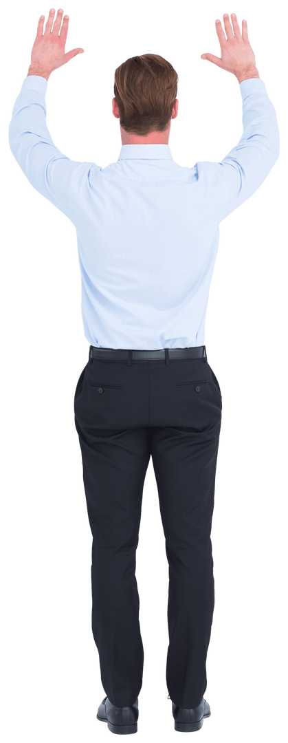 Transparent Rear View of Businessman Raising Hands up in Gesture