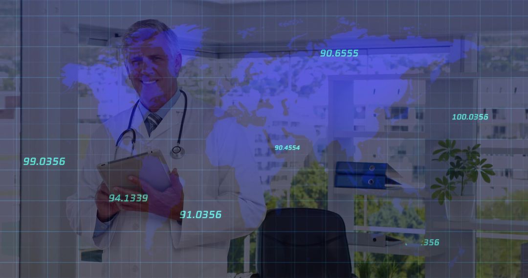 Smiling Doctor with Tablet and Digital World Map Data Overlay