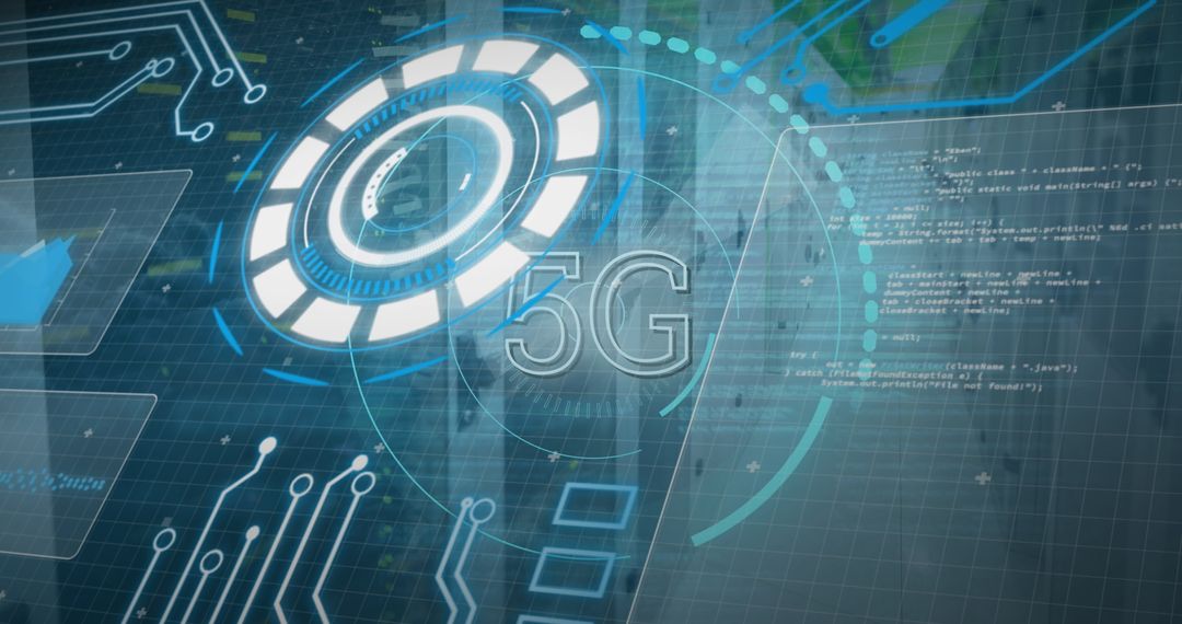 Futuristic 5G User Interface with Circular HUD and Code Overlay