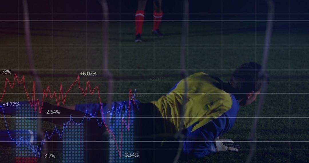 Diving Goalkeeper Saving Shot with Financial Data Overlay Conceptual Sports Analytics