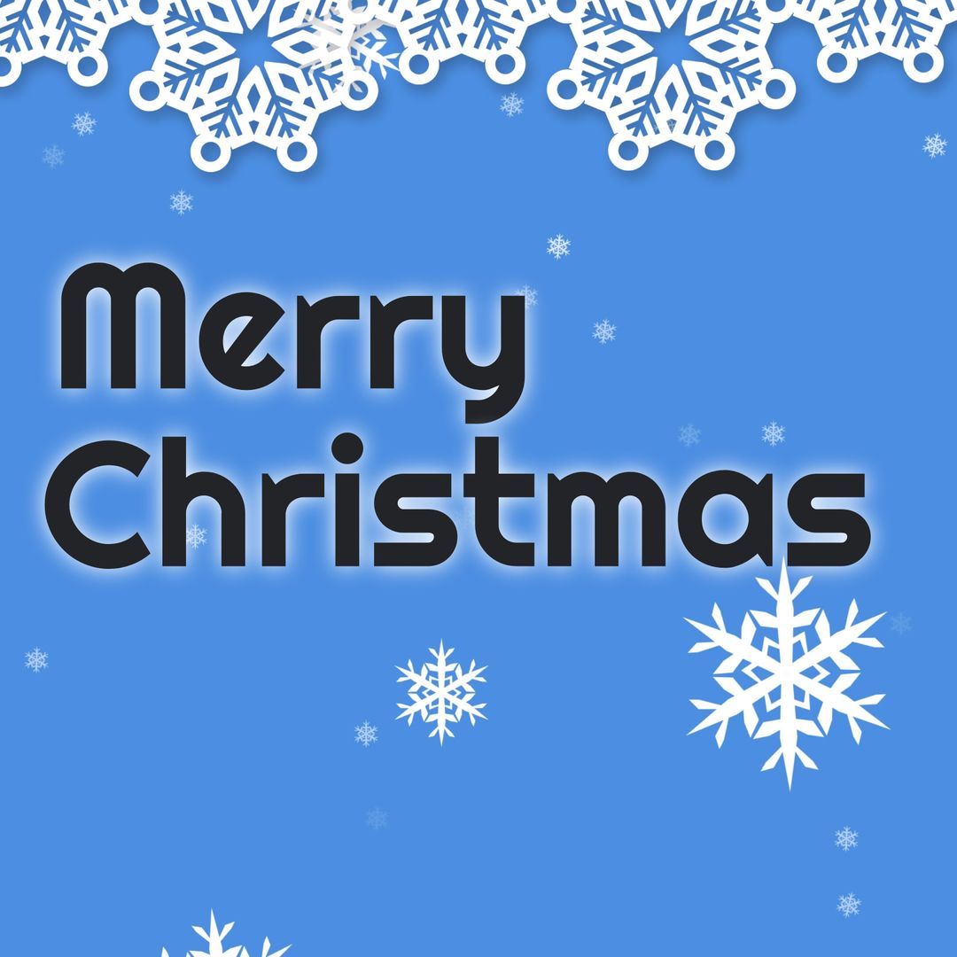 Merry Christmas Text on Blue Winter Snowflake Background