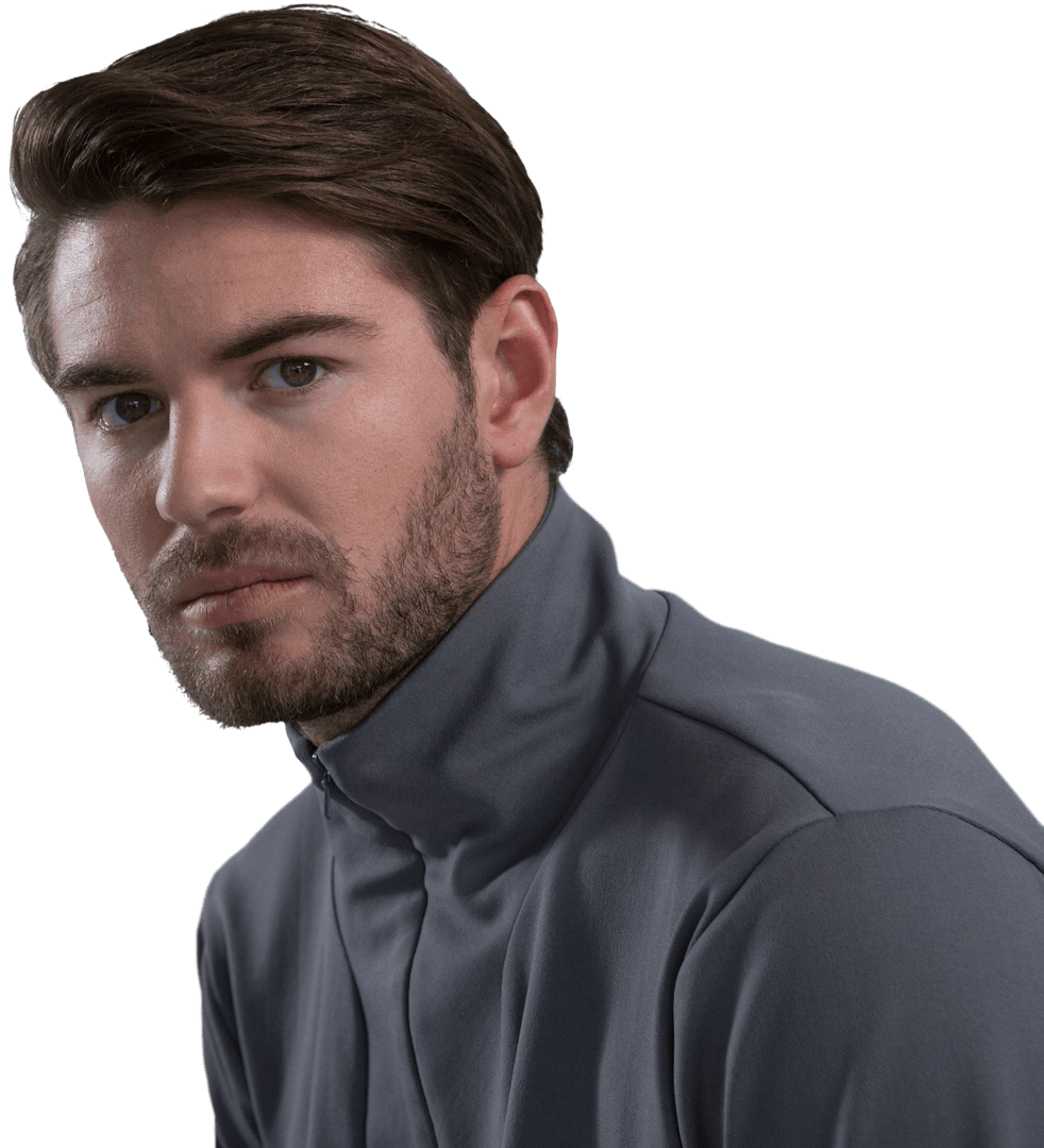 Caucasian Man in Gray Turtleneck on Transparent Background