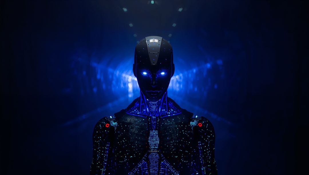 Standing android featuring glowing blue eyes and lit chest circuitry in futuristic tunnel
