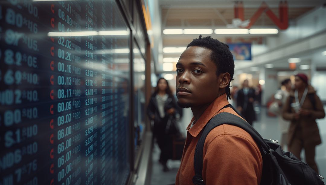 Man Viewing Flight Display at Modern Airport Terminal