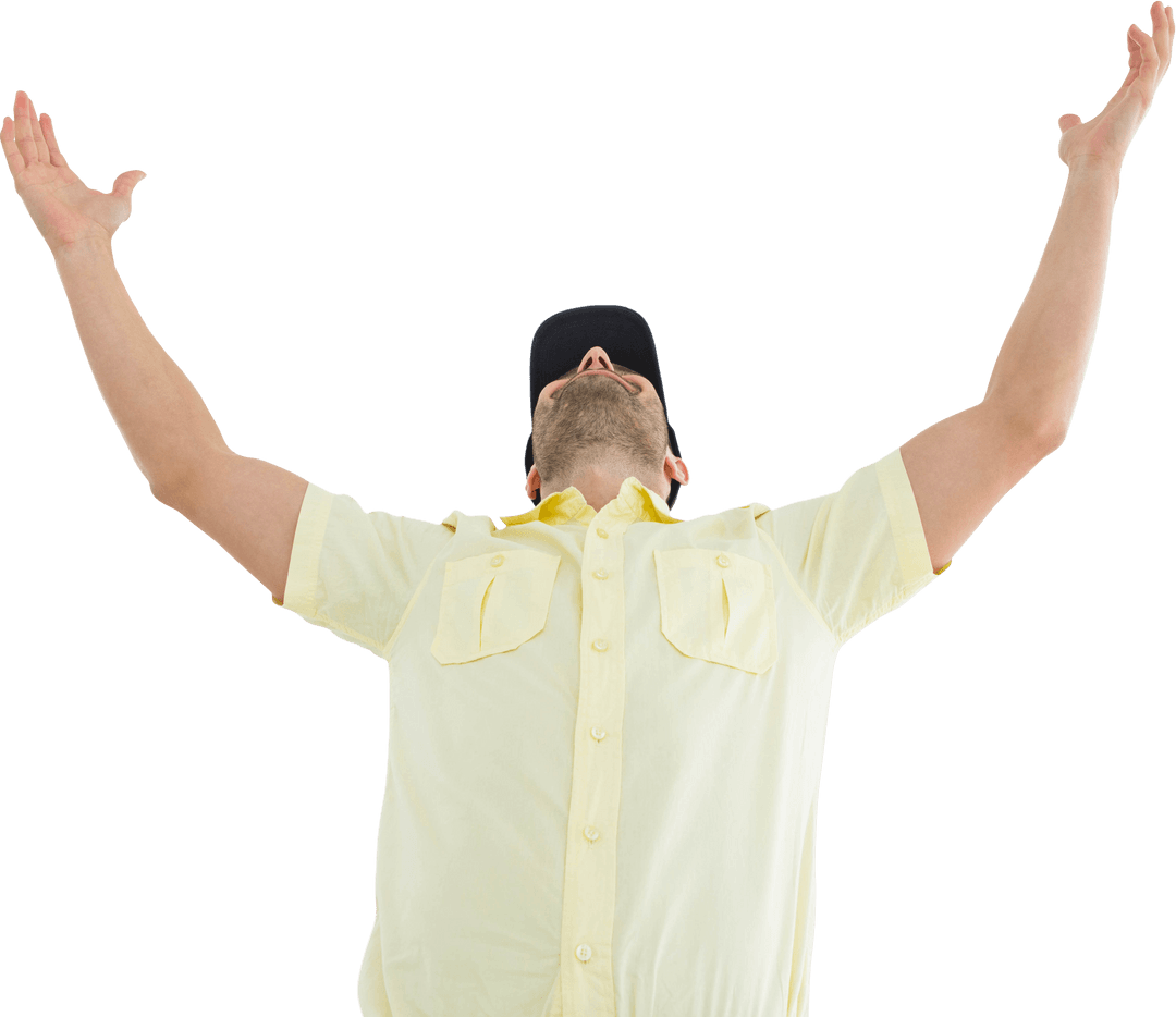 Cheerful Caucasian Man Holding Arms Up on Transparent Background