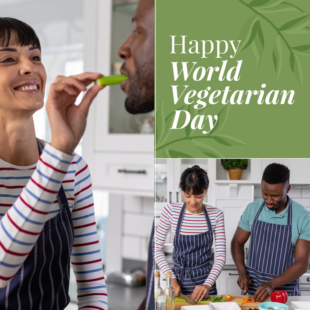 Diverse Couple Cooking on World Vegetarian Day in Modern Kitchen