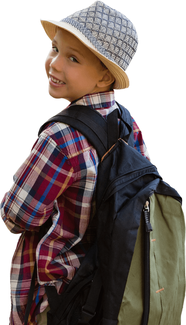 Smiling Child with Backpack Wearing Hat and Plaid Shirt Transparent Background
