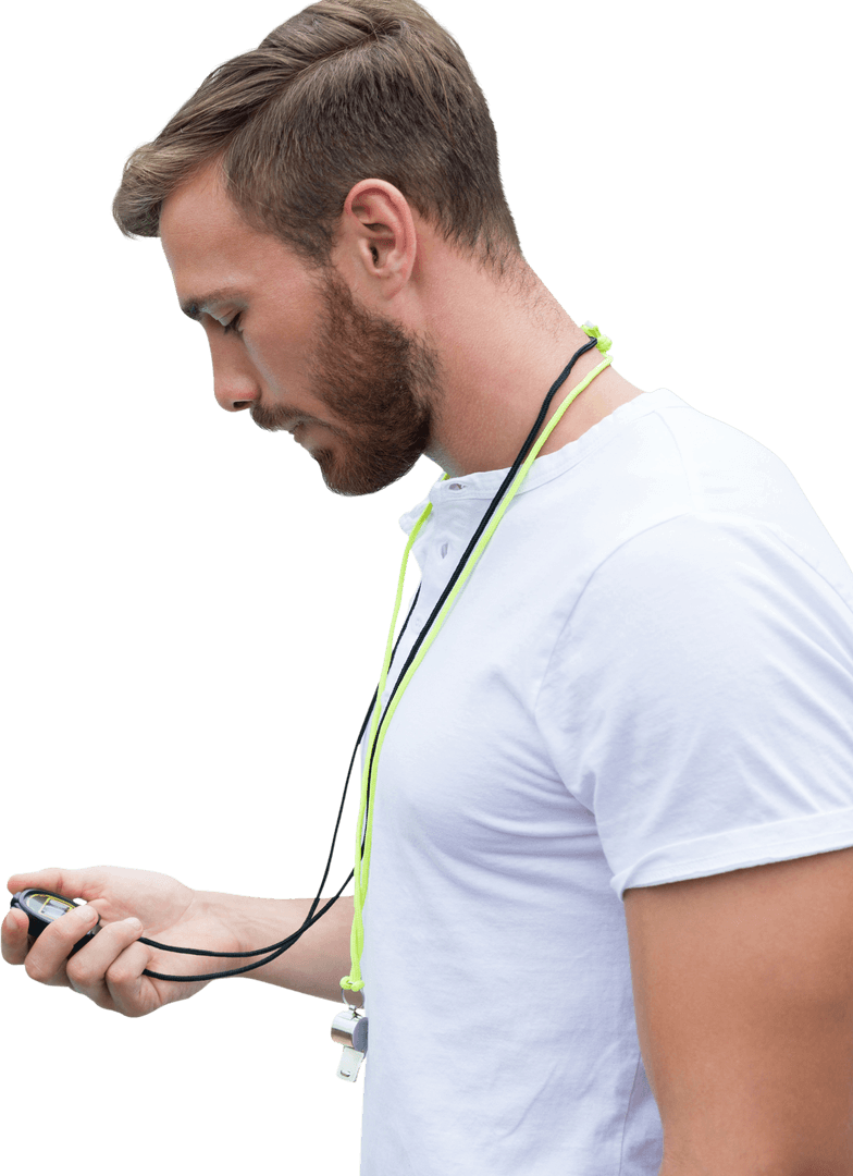 Male Instructor Checking Stopwatch on Isolated Background