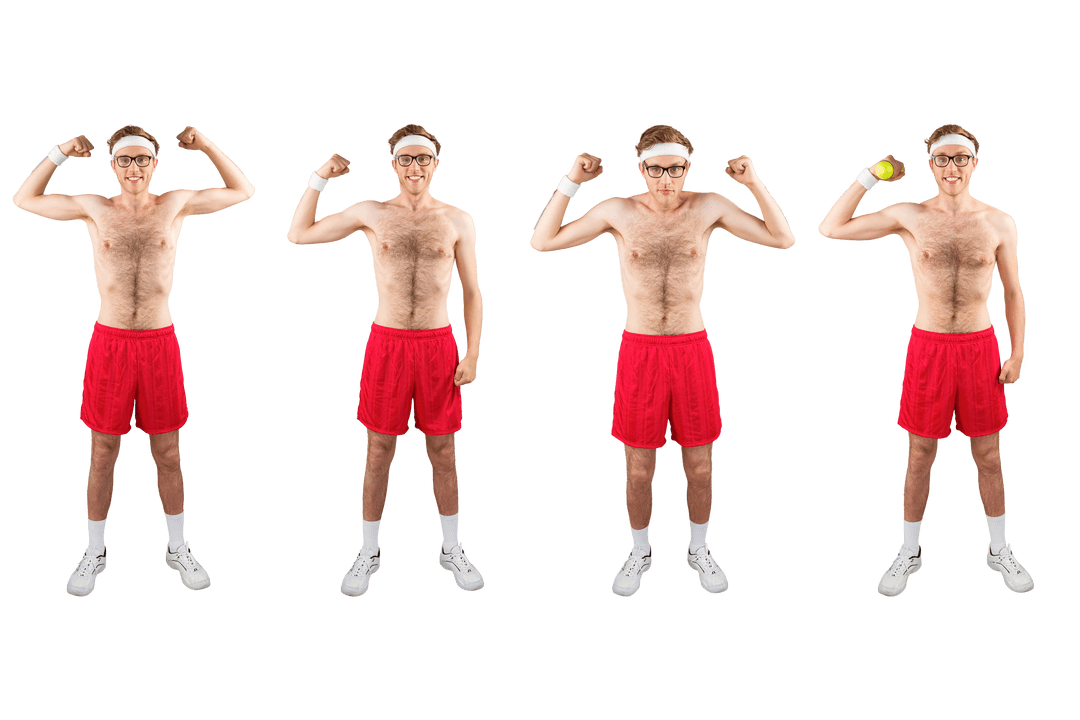 Shirtless Man Exercising in Red Shorts on Transparent Background