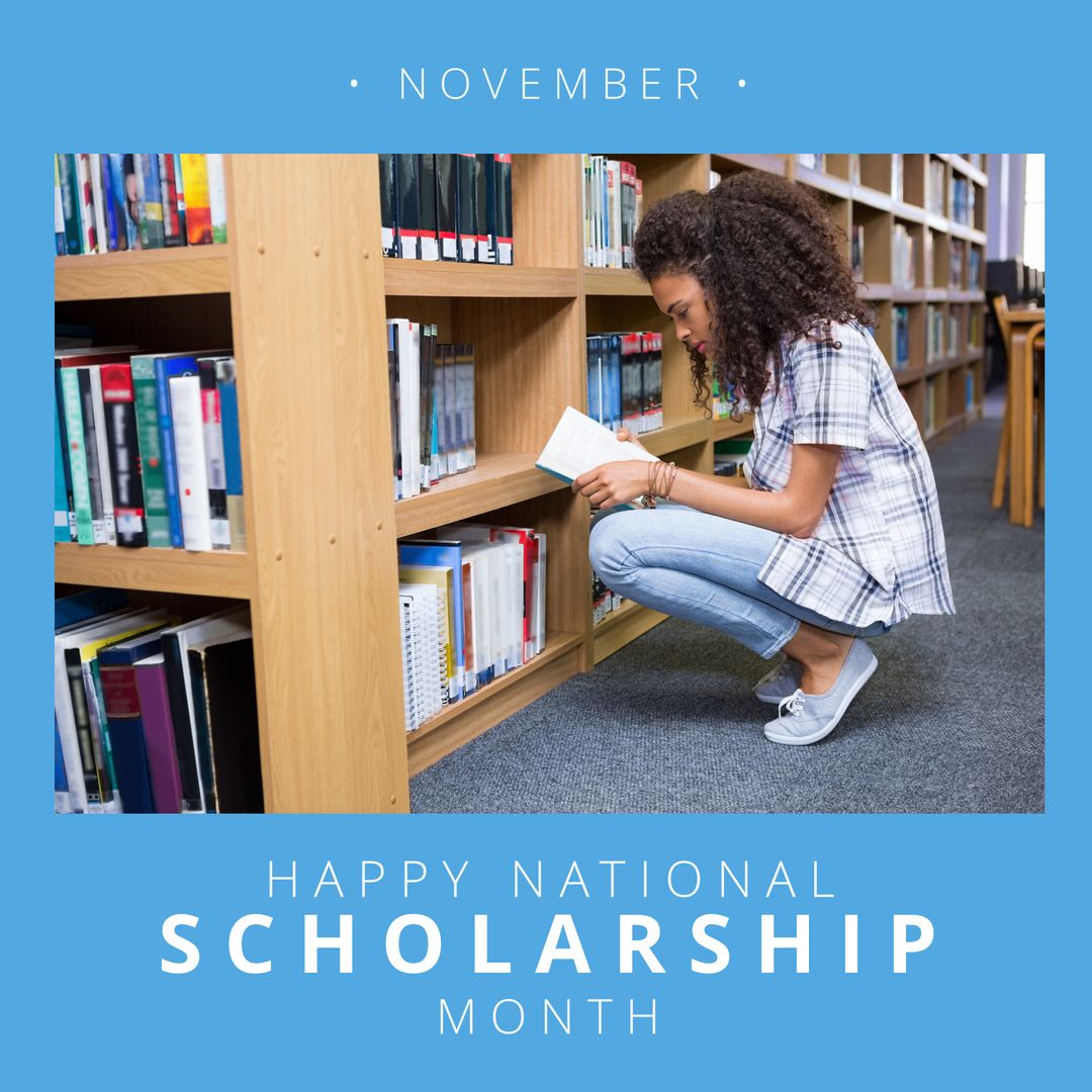 Young Woman Enthusiastically Exploring Library Rows for National Scholarship Month