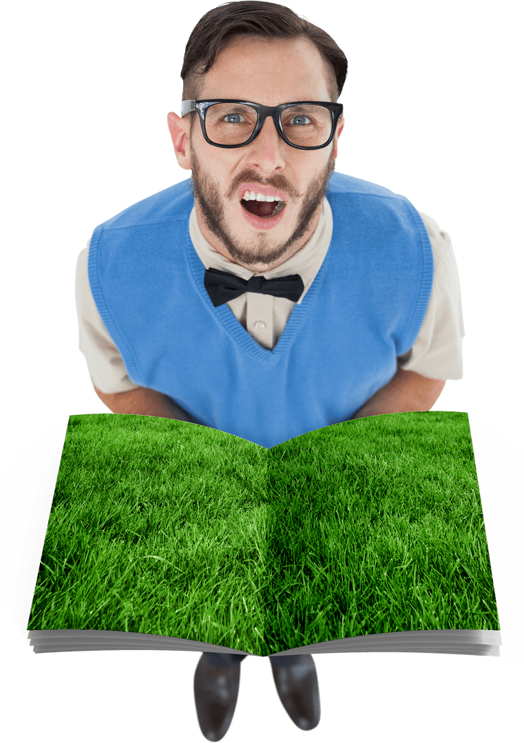 Confused Caucasian Man with Open Grass Book on Transparent Background