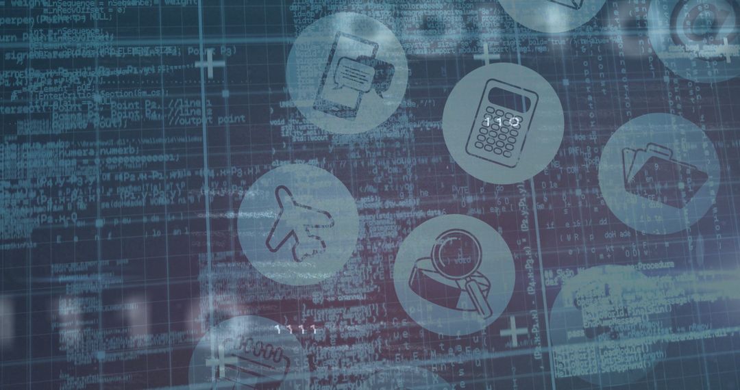 Futuristic Interface with Business Icons and Digital Code