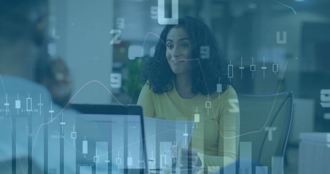 Smiling Businesswoman with Financial Graphics Overlay in Office