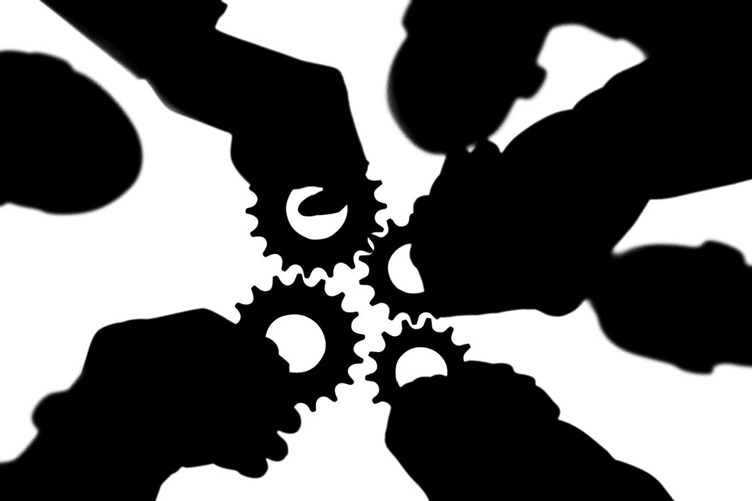 Transparent Digital Illustration of Hands Holding Cogs for Industrial Workflow