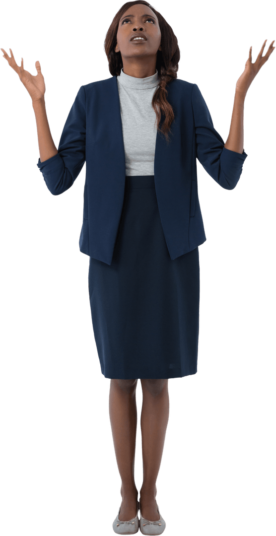 Transparent Businesswoman Looking Up with Raised Arms