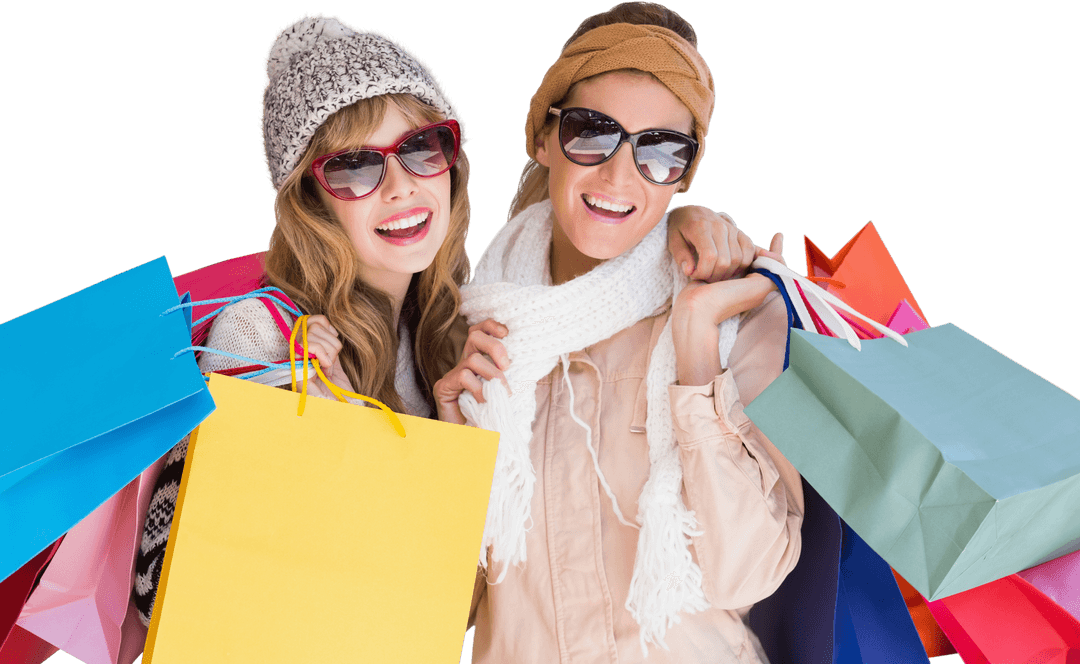 Happy Shopper Friends Holding Colorful Bags with Transparent Background