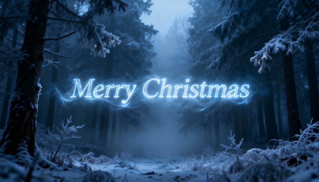 Glowing Merry Christmas typography hovering over snowy conifer forest with moonlit fog