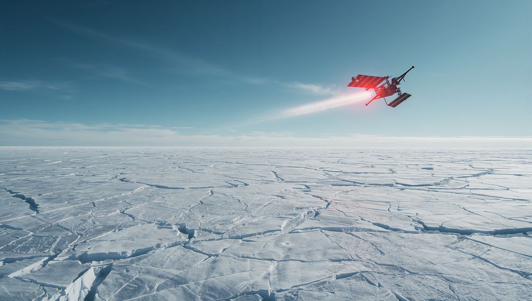 Aerial futuristic hovercraft gliding over cracked polar sea ice with red thruster trail