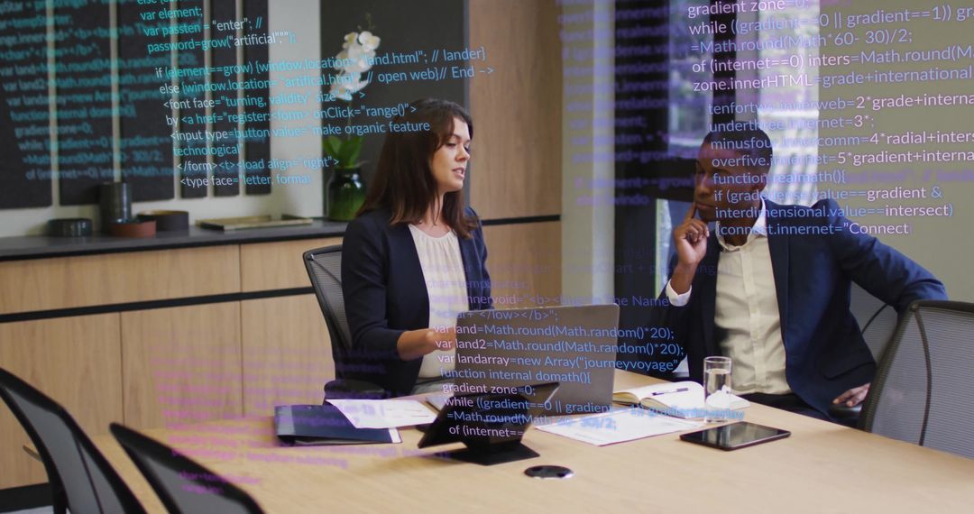 Business Strategy Discussion with Overlay of Programming Code