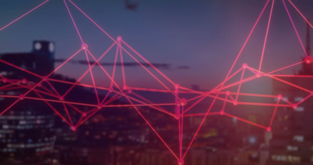 Digital Network Lines Overlaying Urban Cityscape at Dusk