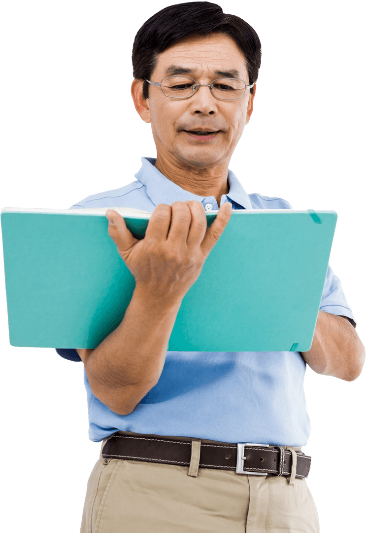 Elderly Man Holding Green Folder in Thoughtful Pose Transparent Background