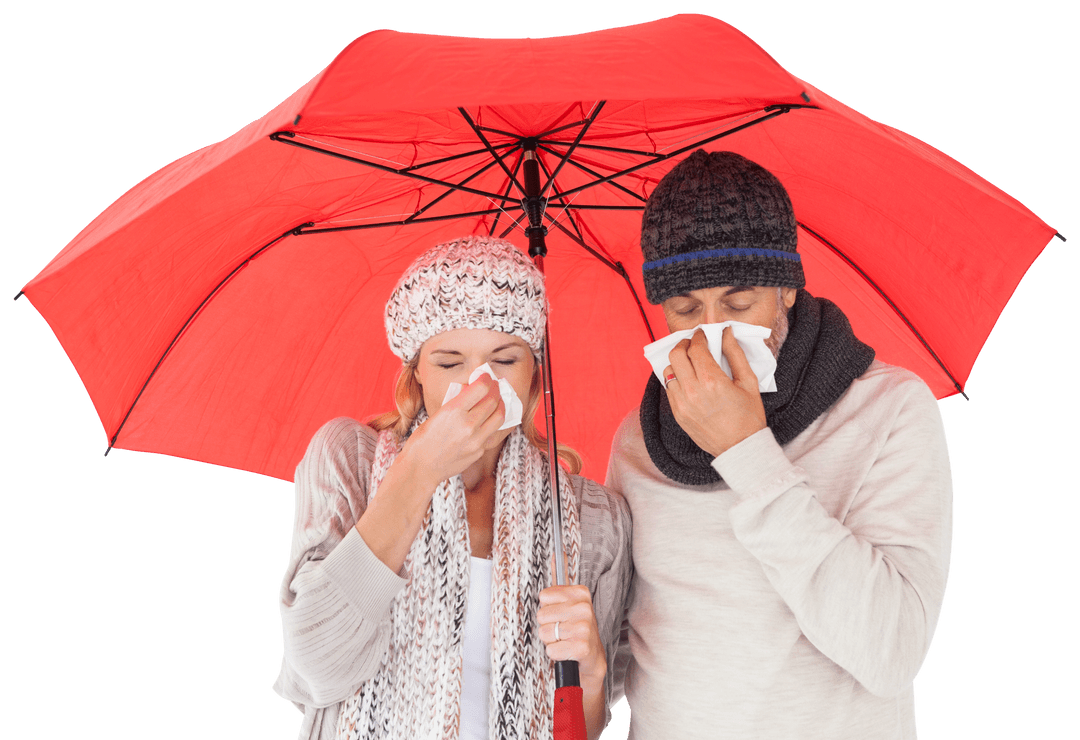 Sneezing Couple with Red Umbrella Transparent Background
