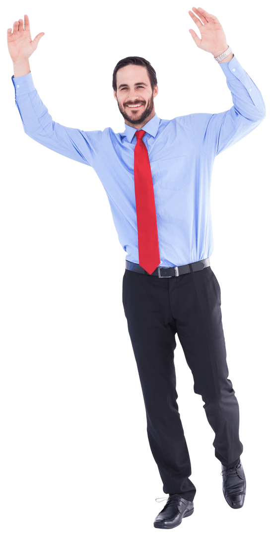 Transparent Cheerful Businessman Raising Hands in Excitement
