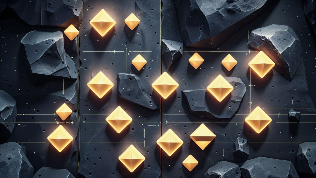 Floating Geometric Gold Octahedrons on Rocky Digital Grid