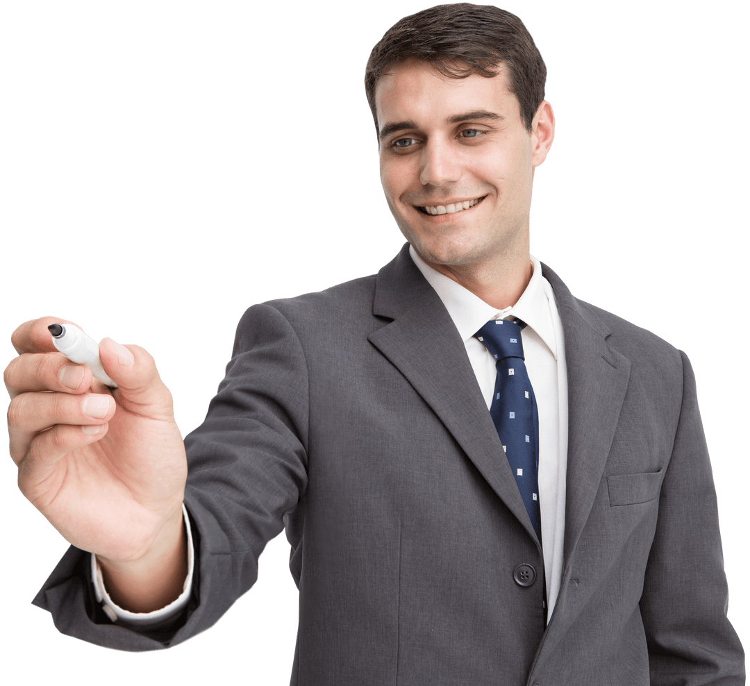 Smiling Businessman Writing with Marker on Transparent Background