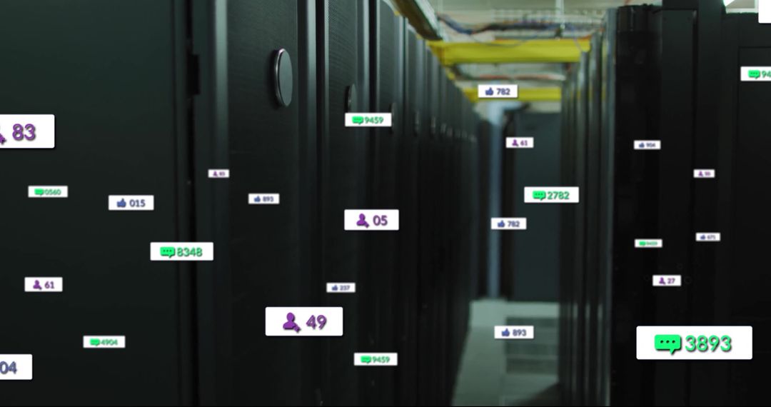 Digital Data Processing in Server Room with Analytics Overlay