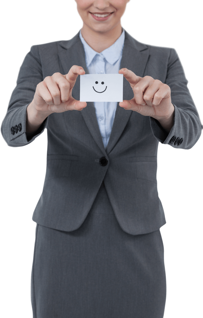 Businesswoman Holding Visitor Card with Smiley Face on Transparent Background